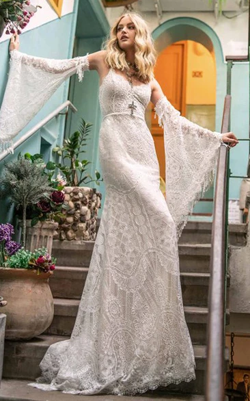 Simple Lace Floor-length Mermaid Wedding Dress With Long Sleeve And Open Back