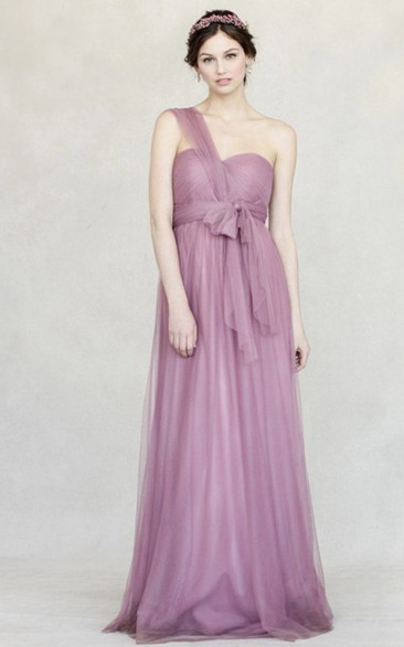 One-Shoulder Bowed Sleeveless Empire Tulle Bridesmaid Dress With Straps