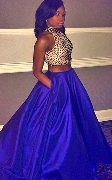 Sexy Halter Sleeveless Long Prom Dress Two Pieces With Beadings