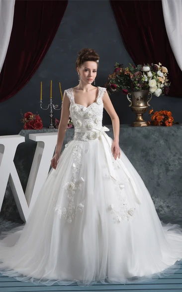 Strapped Tulle Ball Gown with Ribbon and Appliques