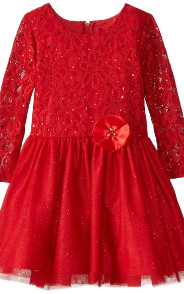 Long-sleeved A-line Sequined Dress With Pleats and Bow