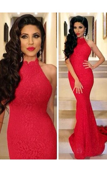 Lace Sexy Mermaid Prom Dress Red High-neck Sleeveless Evening Gowns