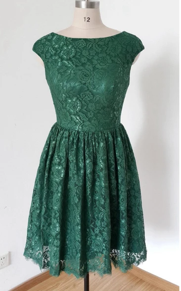Short Cap Sleeve Lace Dress With Button