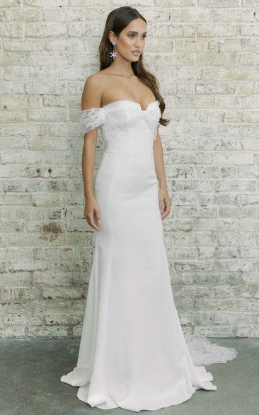Simple Sheath Floor-length Court Train Satin Off-the-shoulder Sleeveless Wedding Dress