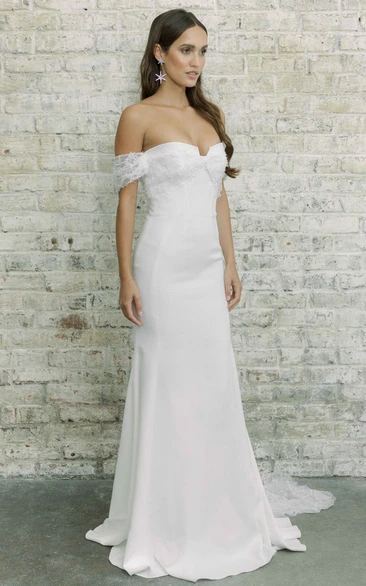 Simple Sheath Floor-length Court Train Satin Off-the-shoulder Sleeveless Wedding Dress