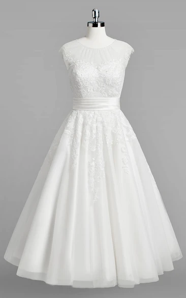 Jewel Neck Cap Sleeve A-Line Lace Wedding Dress With Ruched Belt