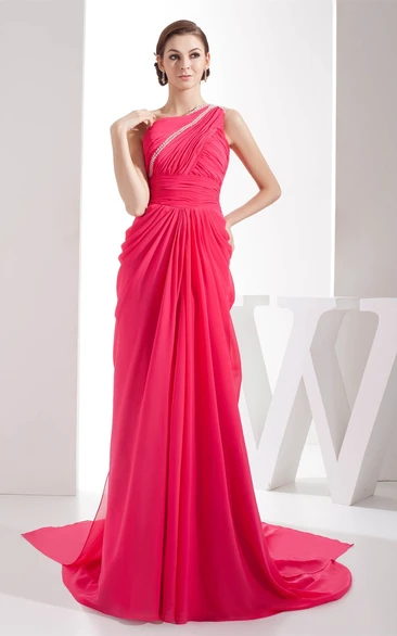 One-Shoulder Chiffon Beaded Dress with Central Ruching and Brush Train
