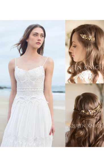 Spaghetti Sleeveless Chiffon Beach Boho Wedding Dress and Vintage Western Style Style Golden Olive Leaf Hair Comb