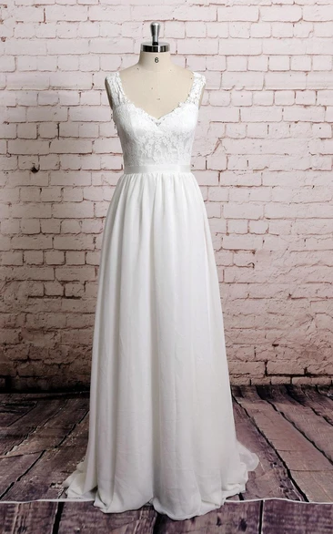 V Shape Lace-Neckline Sheer Lace Back A-Line Style Chiffon Wedding Dress With Waistband