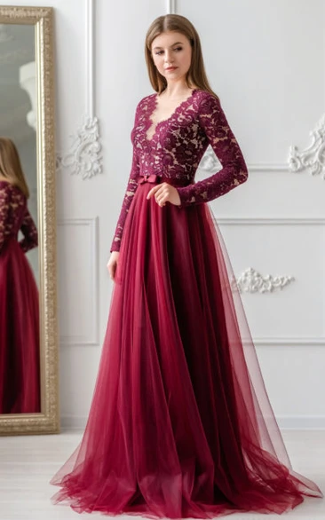 Modern A Line Long Sleeve Lace Scalloped Floor-length Formal Dress with Bow