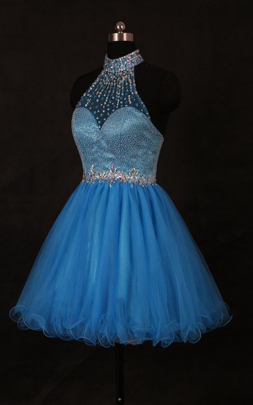 High-neck Short Tulle Dress With Beading And Sequins