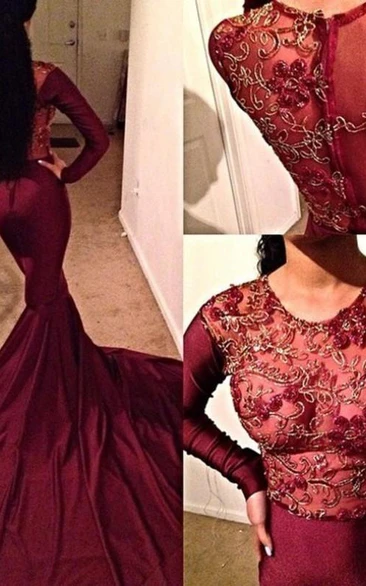Sexy Burgundy Long Sleeve Prom Dresses Appliques Mermaid With Train