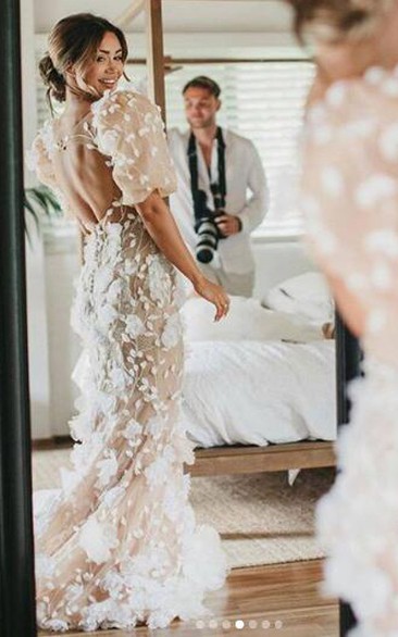 Mermaid Tulle Short Sleeve Wedding Dress with Appliques 2025
