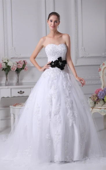 Strapless Tulle A-Line Ball Gown with Ribbon and Appliques