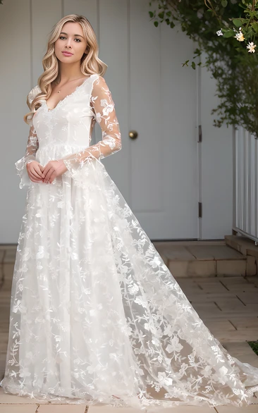 Elegant A-Line Long Sleeve Fall/Winter Wedding Dress V-neck Floor-length Illusion Back