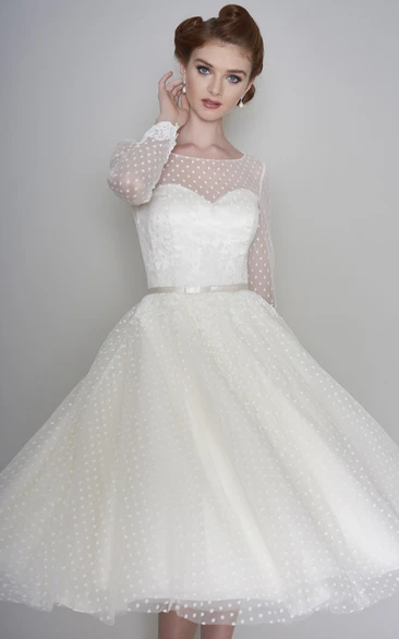 Long Sleeve Vintage Illusion Bateau Sweetheart Tulle Tea Length Wedding Dress