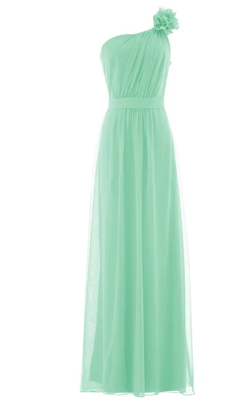 Floral One-shoulder Pleated Chiffon A-line Gown With Band
