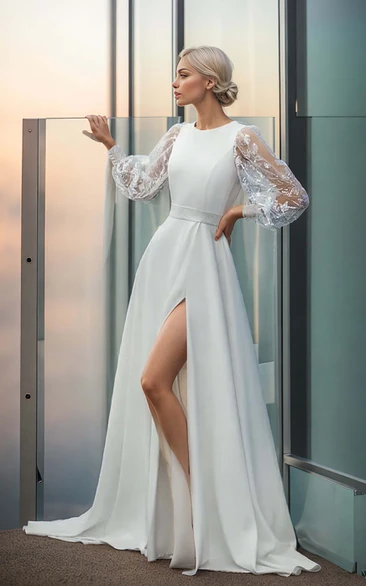 Simple Sexy A-Line Satin Tulle Jewel Neck Wedding Dress Elegant Solid Long Puff Sleeve Split Front Floor-length Bridal Gown with Sash Train Button Back