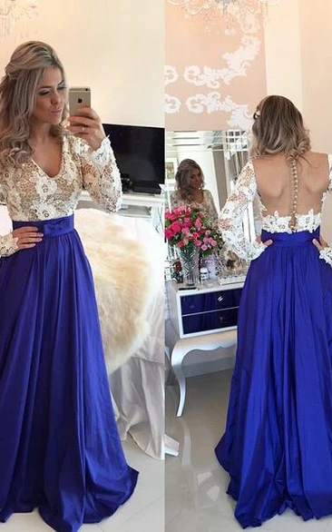 Modern Lace Chiffon Long Sleev Prom Dress Zipper Button Back