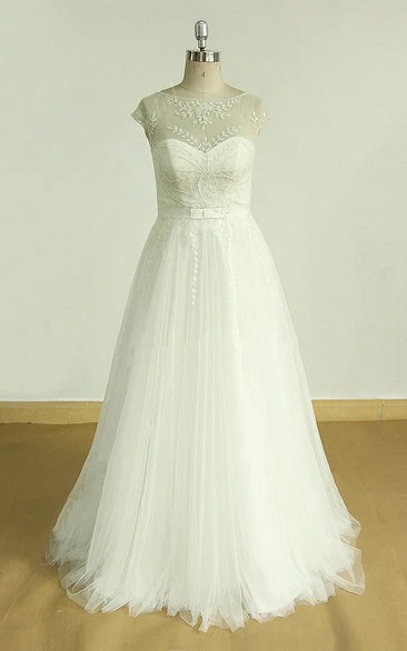 A-Line Tulle Satin Weddig Dress With Beading Illusion