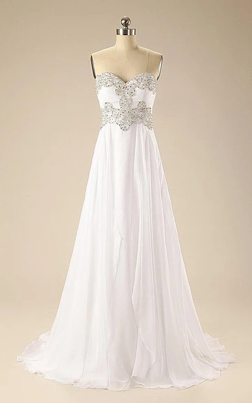 Simple Sweethert Crystal White Evening Pleat Chiffon Long Dress