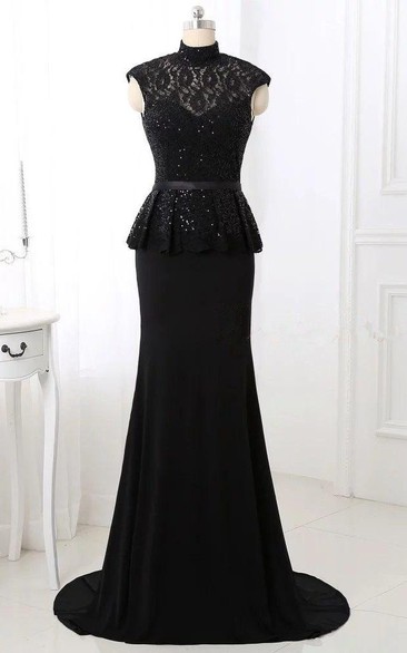 Trumpet High Neck Cap Sleeve Lace Dress With Sequins And Peplum