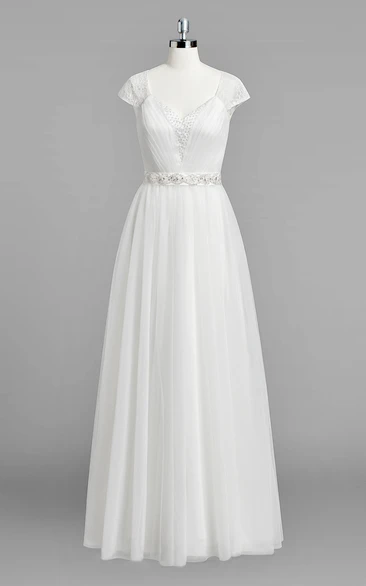 V-Neck Cap Sleeve A-Line Chiffon Wedding Dress With Beading