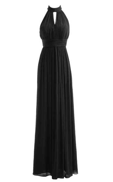 Halter Long Chiffon Gown With Keyhole Detail