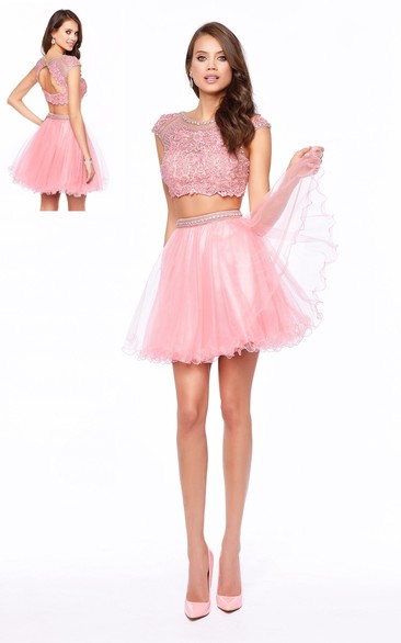 A-Line Short Scoop-Neck Cap-Sleeve Tulle Keyhole Dress With Appliques And Beading