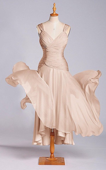 Sleeveless V-neck Tea-length Chiffon Dress with Ruching