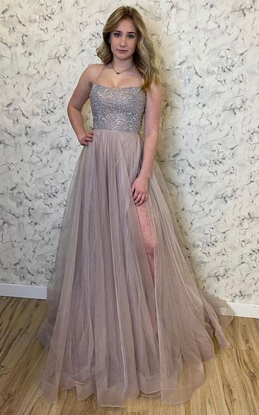 Ethereal A Line Floor-length Sleeveless Tulle Prom Dress with Ruching