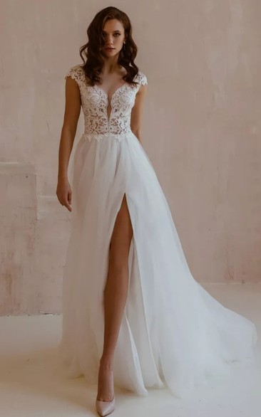 Sexy Lace Tulle V-neck A Line Short Sleeve Wedding Dress with Split Front and Open Back