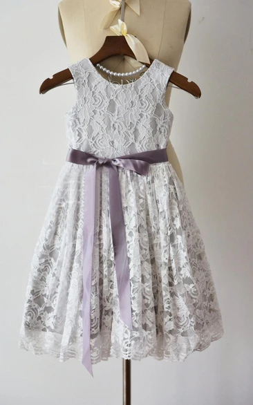 Sleeveless Jewel Lace Dress With Bow Sash