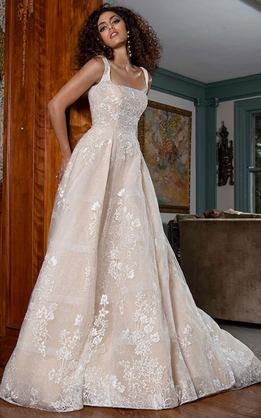 Simple Square Sleeveless Court Train Tulle A Line Wedding Dress with Appliques