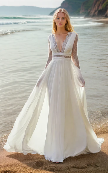 Plunging V-neck Bohemian Pleated A-Line Lace Long Sleeve Floor-length Wedding Dress Gown