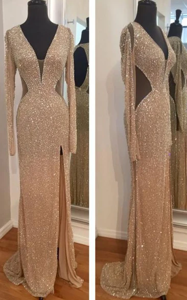 Bling Bling Long Sleeve Sequins Evening Dress Front Split Party Gowns