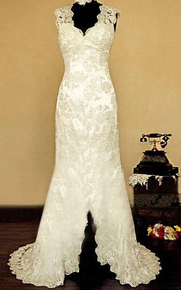 Scalloped Illusion Back Sheath Lace Wedding Dress With Split Front And Flower