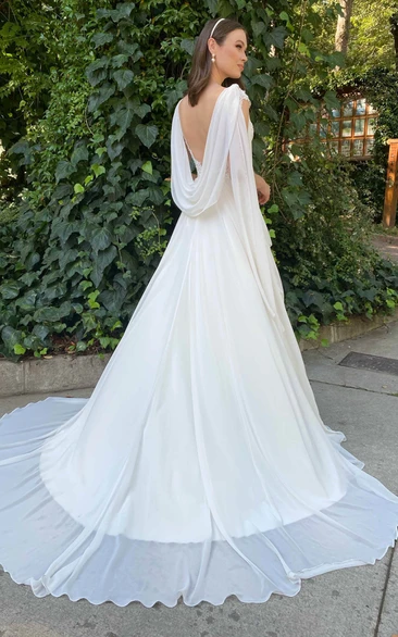 Simple A Line V-neck Chiffon Court Train Wedding Dress with Ruching