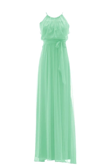 Graceful Halter Pleated Chiffon A-line Gown With Sash
