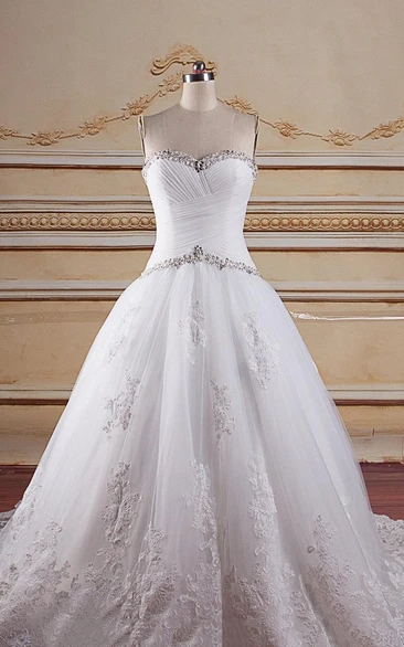 Sweetheart Ball Gown Tulle Criss Cross Dress With Beading Appliques