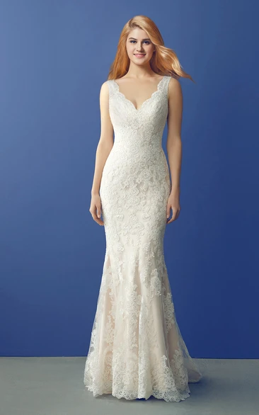 Fit and Flare Lace Wedding Dress with V Neckline