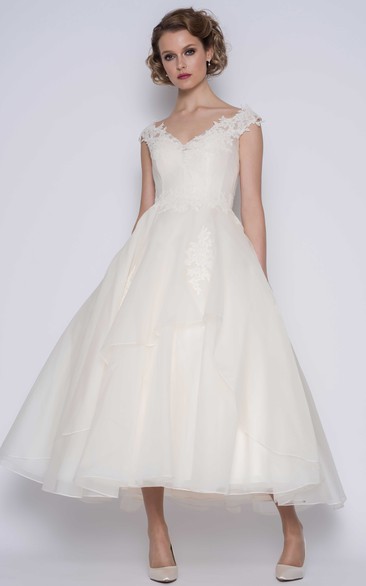 Elegant Organza Ball Gown Ankle Length Wedding Dress with Illusion Back