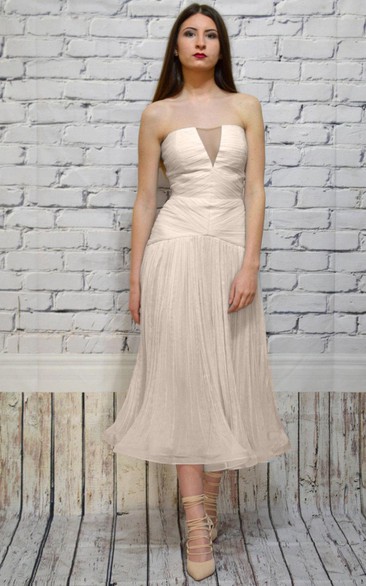 Strapless Tea-Length Dress With Ruching And Zipper Back