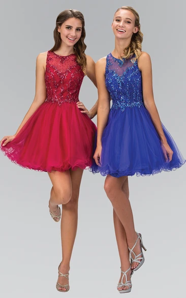 A-Line Mini Scoop-Neck Sleeveless Tulle Keyhole Dress With Beading And Ruffles