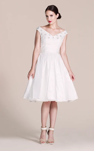 Cap-sleeved V-neck A-line Dress With Pleats and Beadings
