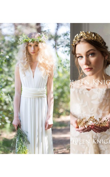 V-Neck Sleeveless Sheath Chiffon Wedding Dress and Vintage Handmade Laurel Olive Gold Hair Hoop Crown