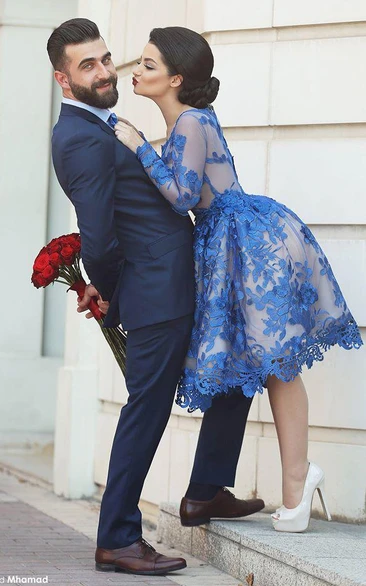 Delicate Ruyal Blue Appliques Prom Dress Long Sleeve