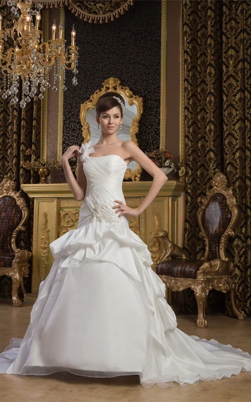 Sleeveless Ruched Pick-Up Gown with Appliques and Single Strap