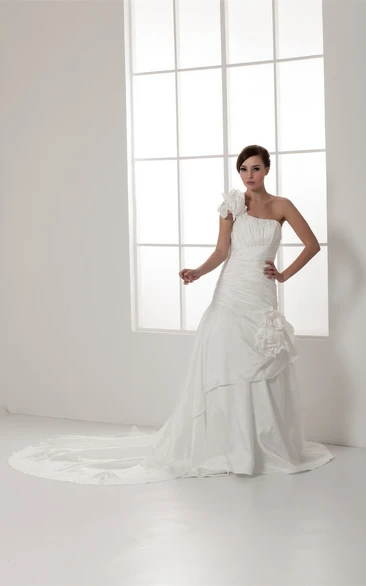 One-Shoulder Ruched A-Line Gown with Flower and Single Strap