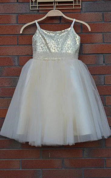 Spaghetti Strap Knee-length Tulle Dress With Sequins